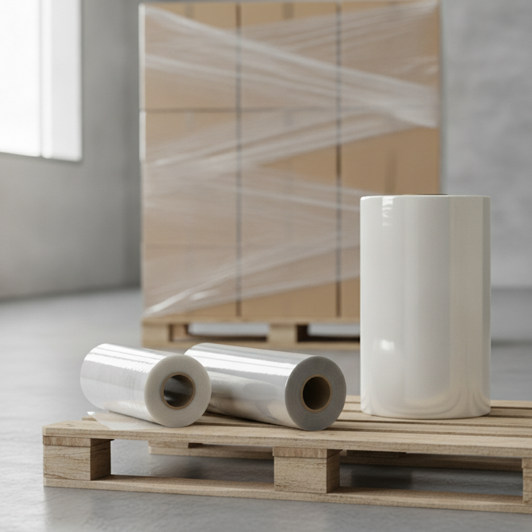 Rolls of stretch film, shrink film and pallet wrap beside a wrapped pallet of boxes in a bright warehouse