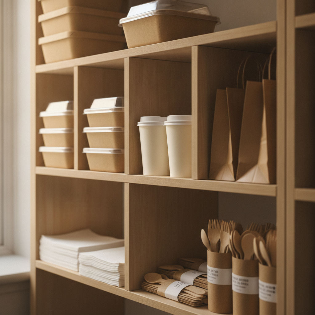 Organised shelves of takeaway packaging including containers, cups, bags, napkins and cutlery in a food service stockroom