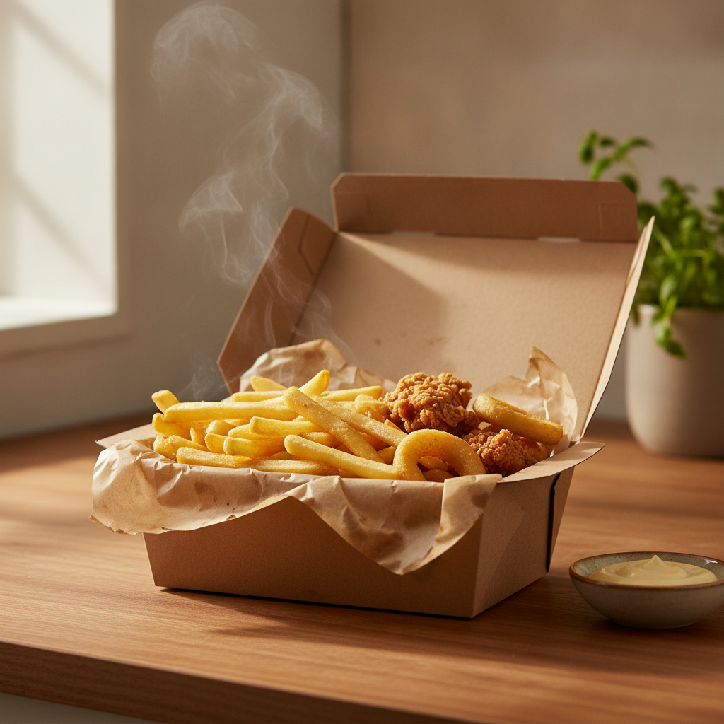 An open takeaway box of crisp golden chips lined with greaseproof paper, with a small sauce pot on the side