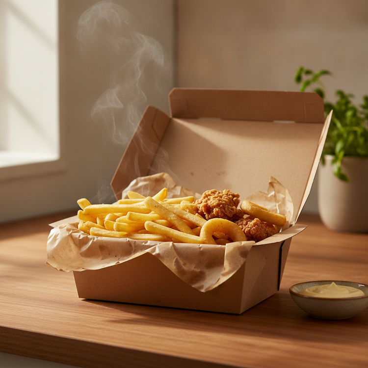 An open takeaway box of crisp golden chips lined with greaseproof paper, with a small sauce pot on the side