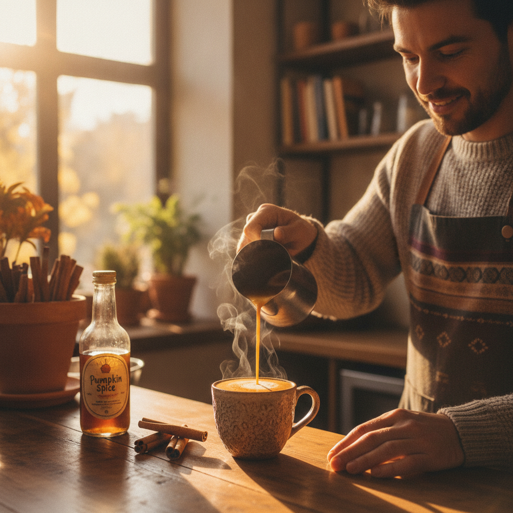 A barista preparing a warming spiced latte on a cosy café counter in autumn light