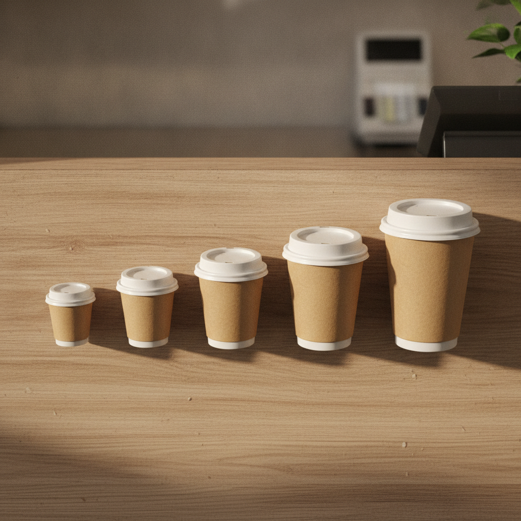 A row of takeaway coffee cups in ascending sizes with matching lids on a wooden café counter