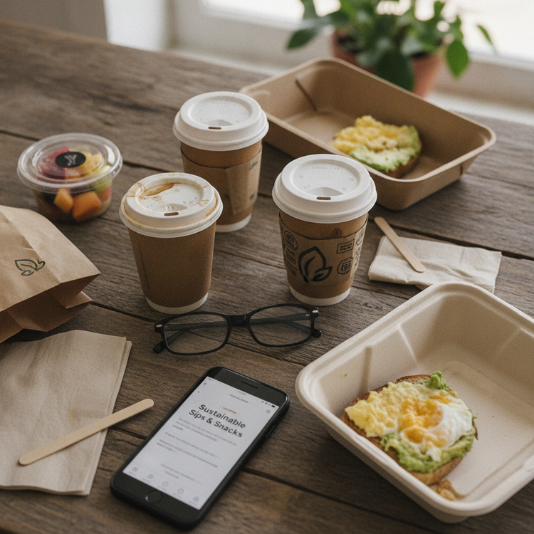 Neatly arranged, right-sized kraft food and shipping packaging on a light wooden table in soft daylight