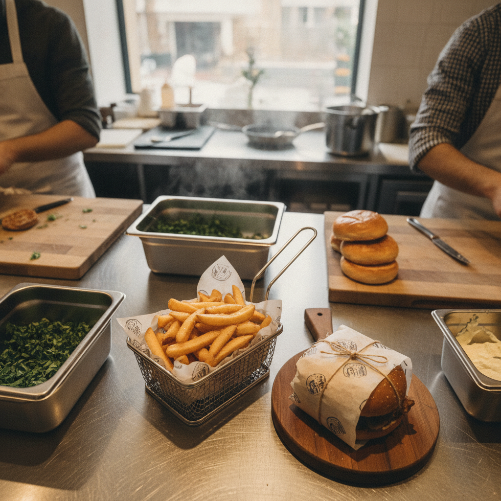 Square greaseproof paper lining a basket of chips and wrapping a burger on a café kitchen pass