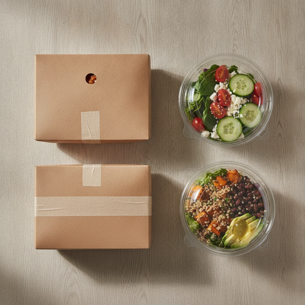Kraft paper takeaway boxes beside clear plastic containers with food, arranged on a wooden table