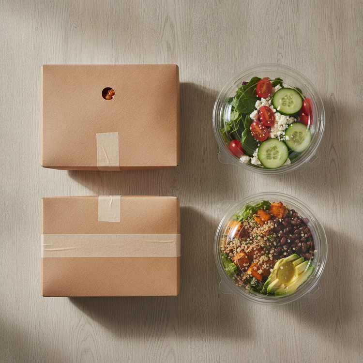 Kraft paper takeaway boxes beside clear plastic containers with food, arranged on a wooden table