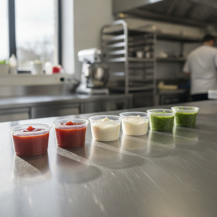 A row of small clear sauce pots filled with ketchup, mayonnaise and dressing on a kitchen prep surface