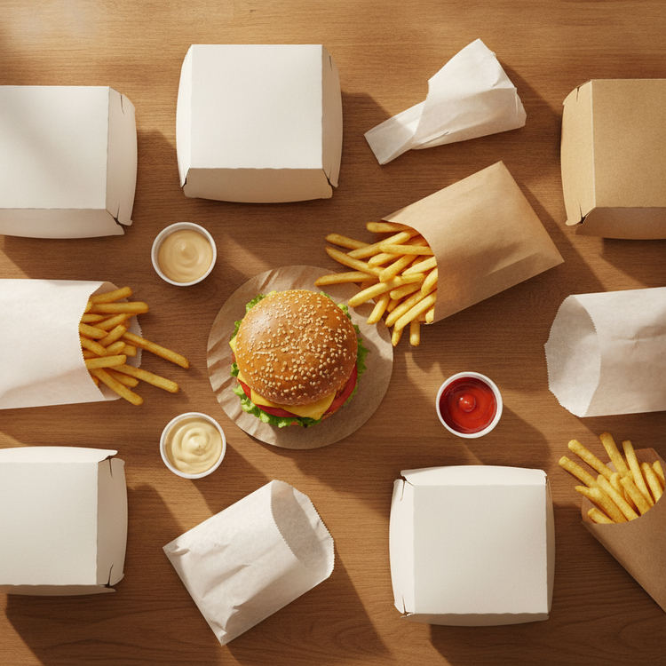 An overhead view of fast food packaging including cardboard boxes, paper bags, greaseproof wraps and sauce pots on a wooden counter