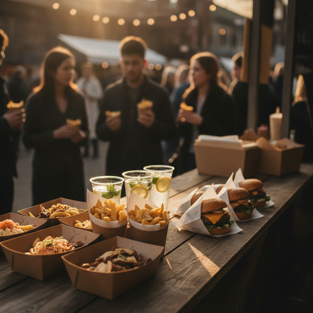 A busy street food stall counter displaying kraft boxes, paper cones and cups of food and drink