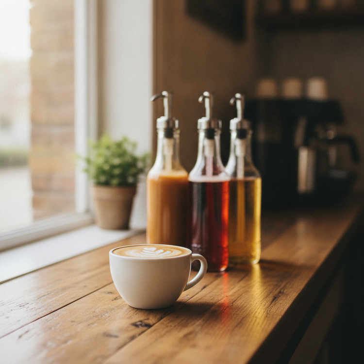 Row of flavoured coffee syrup bottles with pump dispensers on a café counter beside a fresh latte