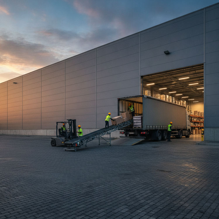 A neatly stacked pallet of cardboard boxes being secured with clear stretch wrap in a warehouse