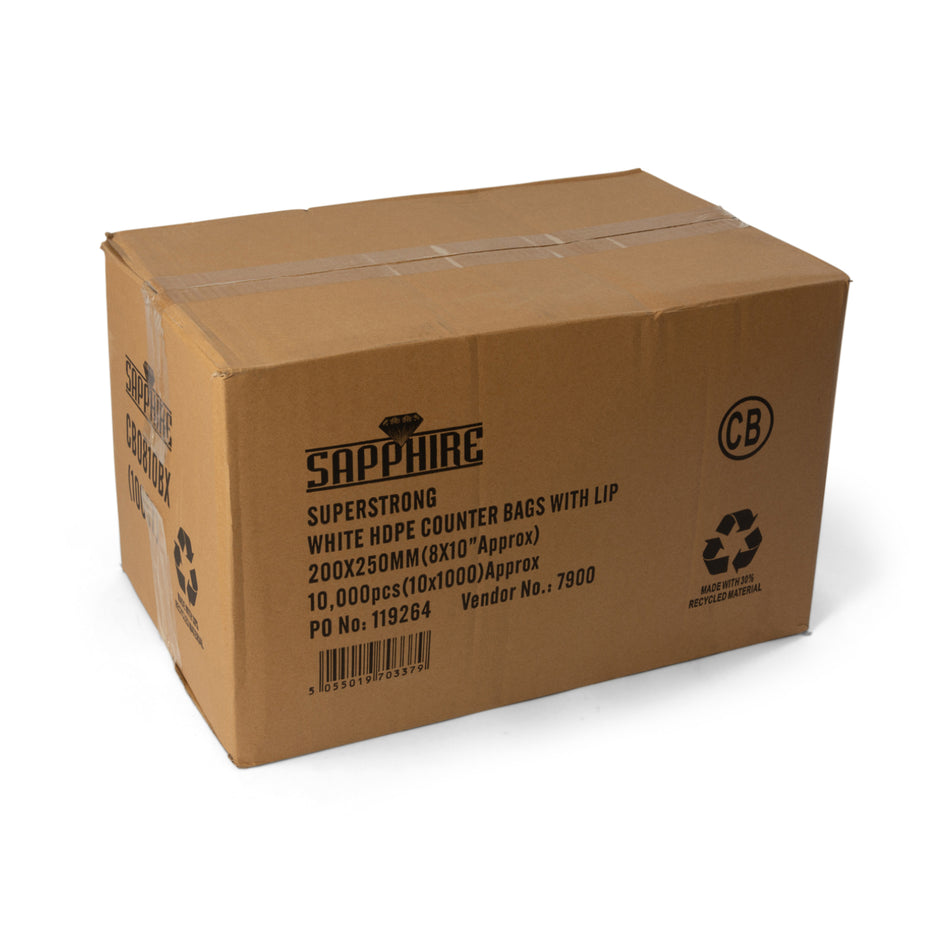10,000 pcs (8"x10") 200mm x 235mm+15mm Lip White Lipped Boxed Counter Bags