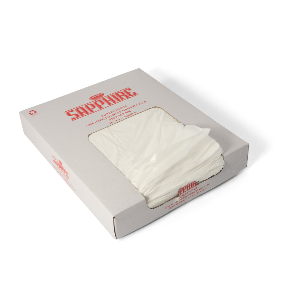 10,000 pcs (10"x12") 250mm x 285mm+15mm Lip White Lipped Boxed Counter Bags