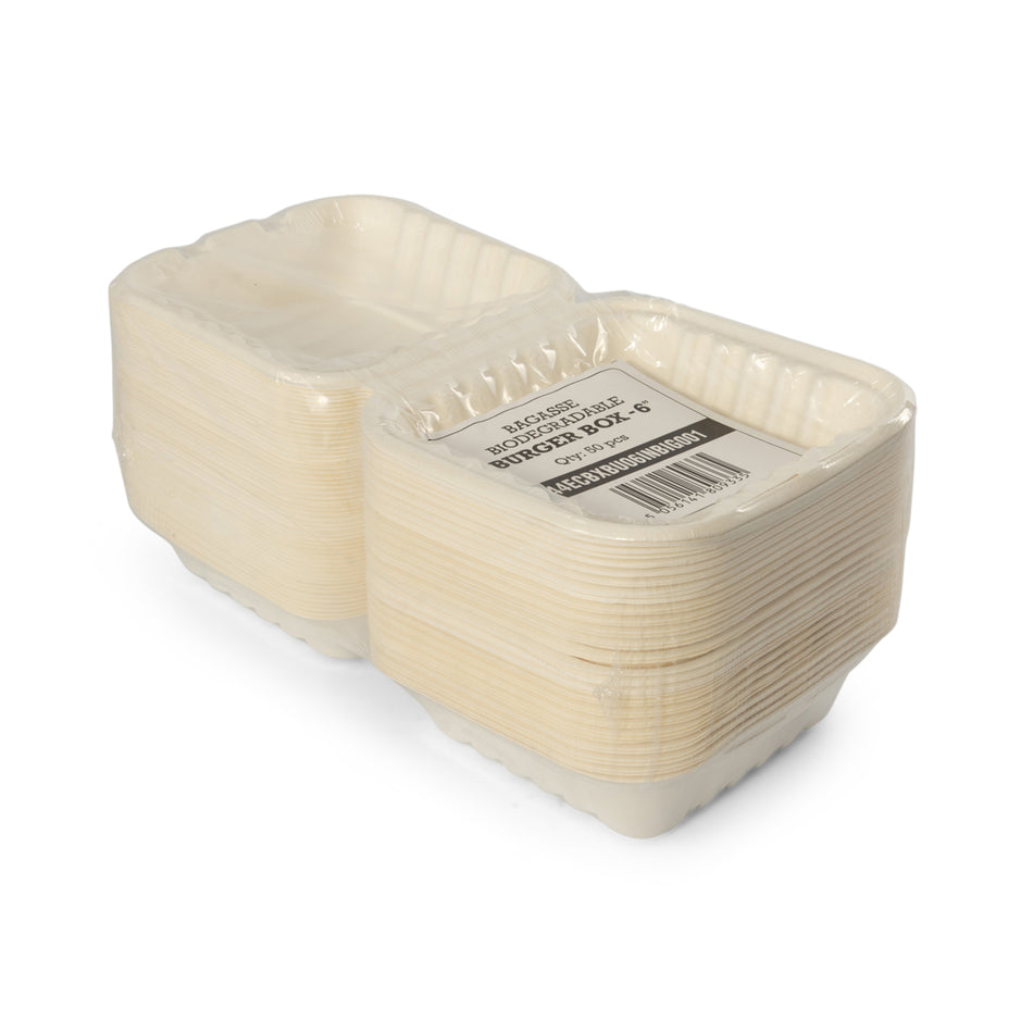 500 pcs 6" x 6" Recyclable Bagasse Takeaway Burger Box