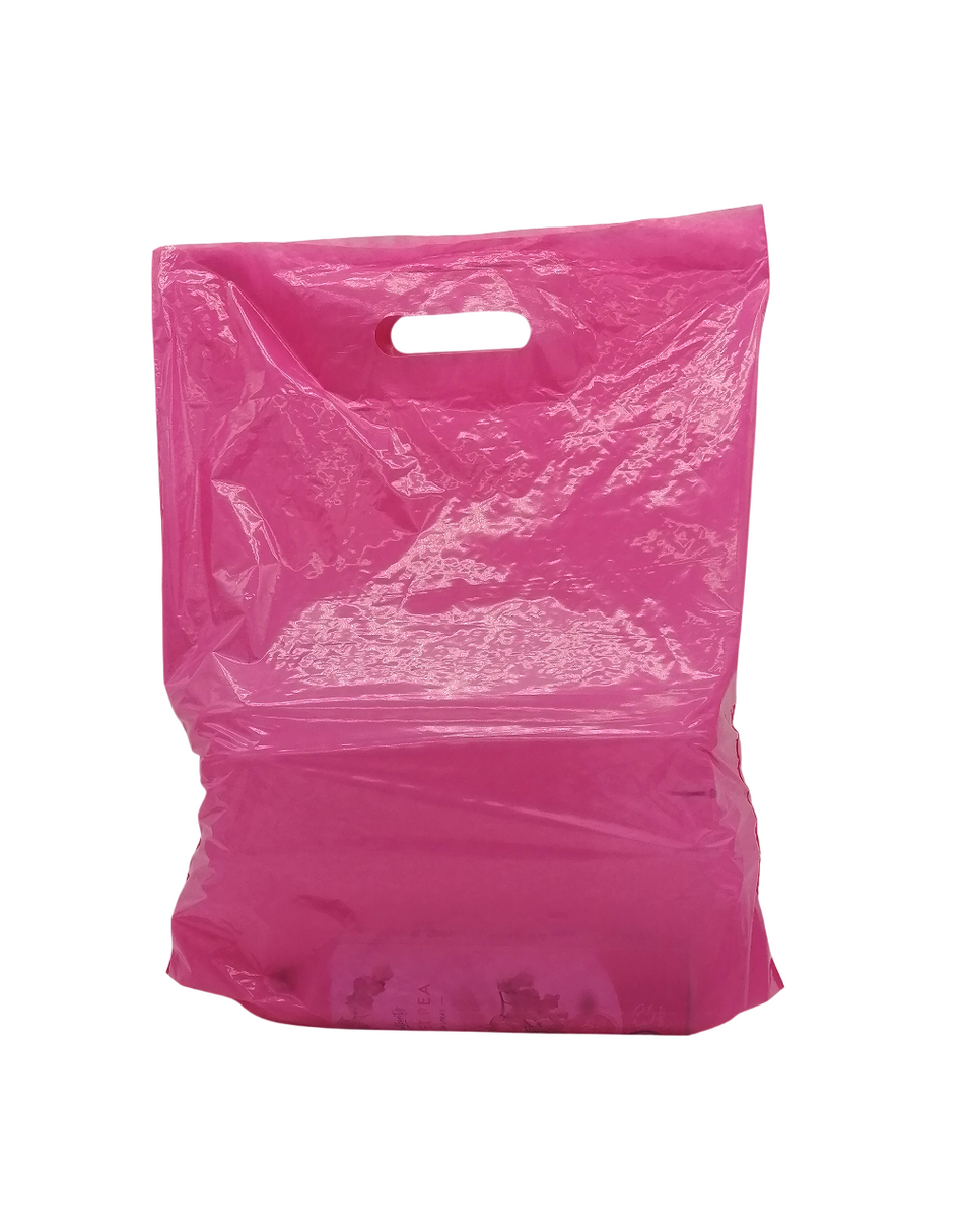 500 pcs 375mm x 450mm+75mm OBG Hot Pink Punch Out Patch Handle Carrier Bag on display