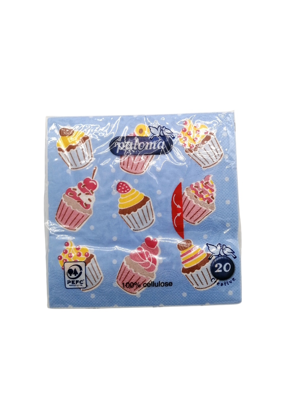 20pcs Paloma Blue Cupcake Napkins with colorful cupcake designs in a charming blue setting.