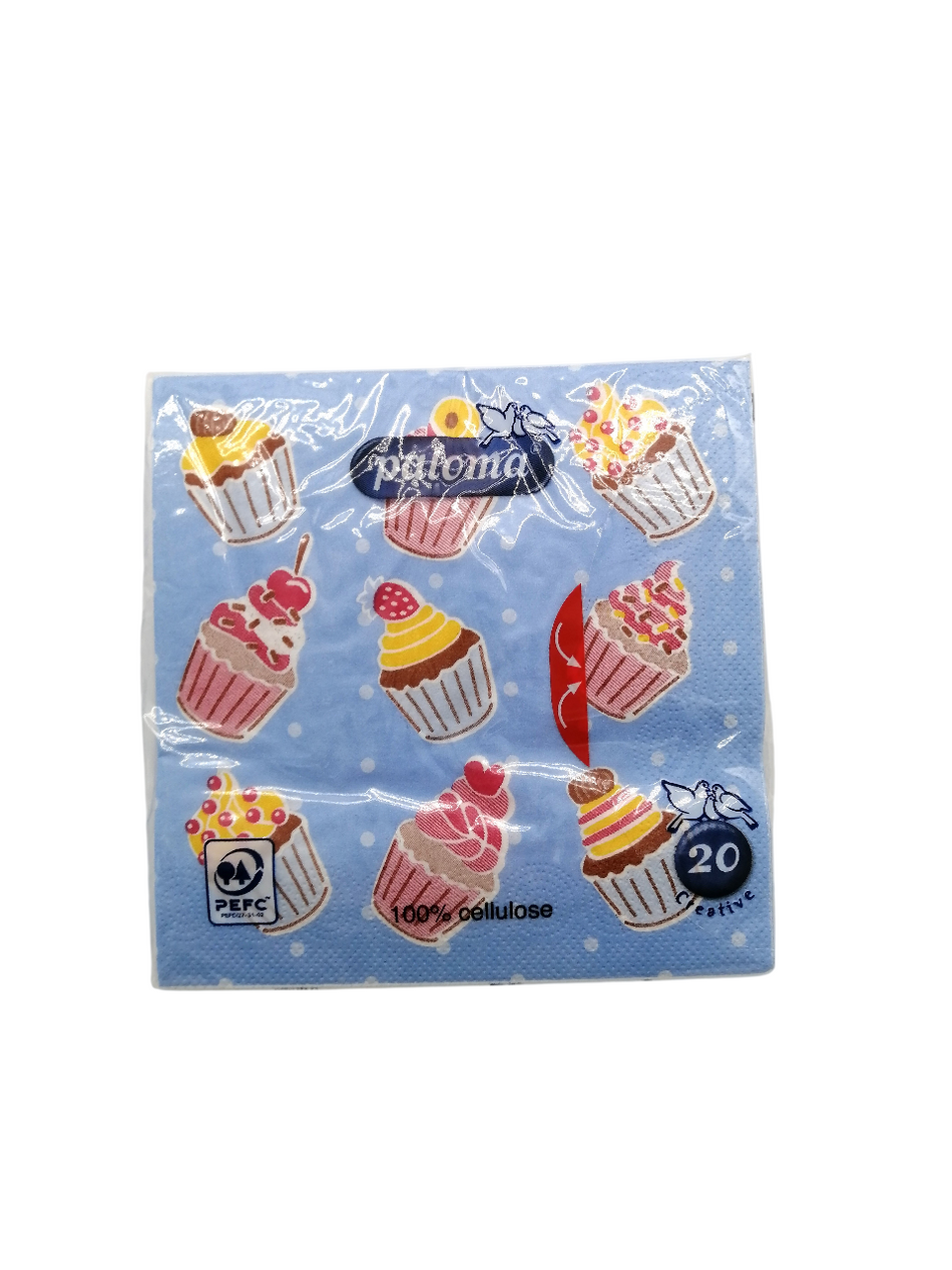 20pcs Paloma Blue Cupcake Napkins with colorful cupcake designs in a charming blue setting.