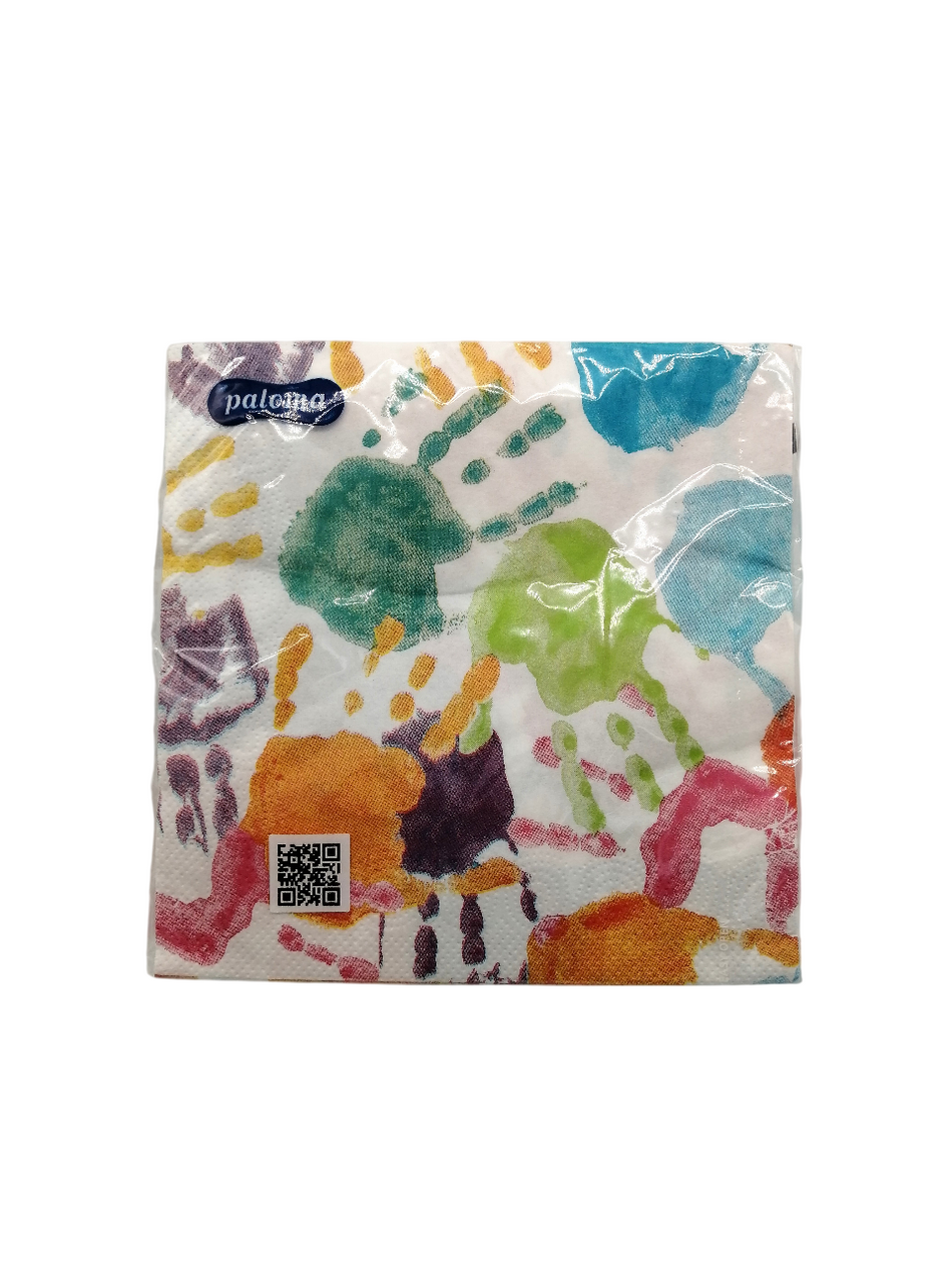 20pcs Paloma Hand Print (Kids) Napkins featuring colorful handprints on a soft, absorbent napkin.
